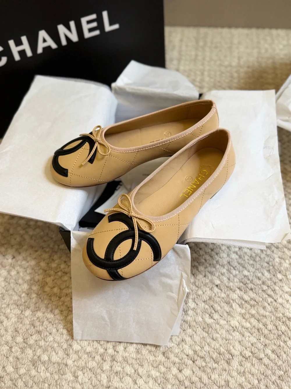 Chanel Beige Black CC Bow Ballet Flats